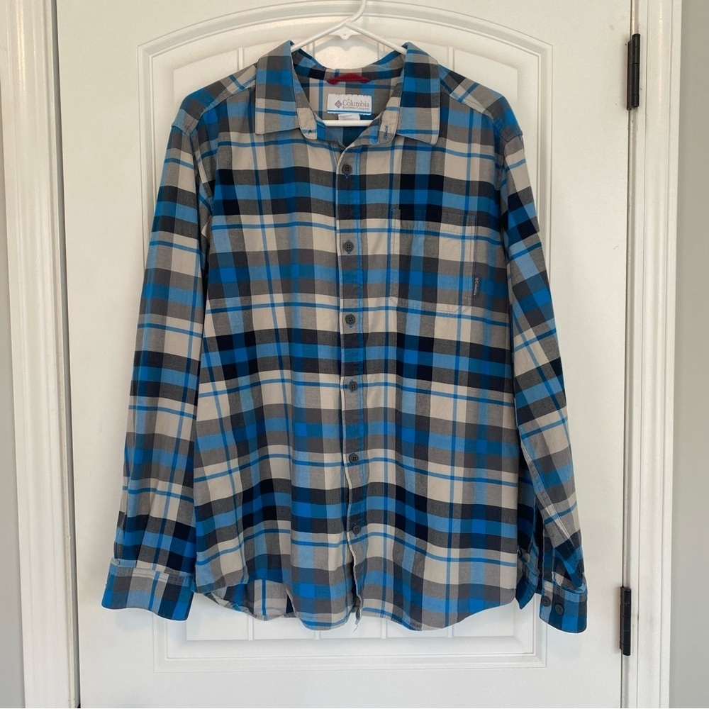 Columbia Men's Blue & Gray Checkered Button Down Shirt Size Large